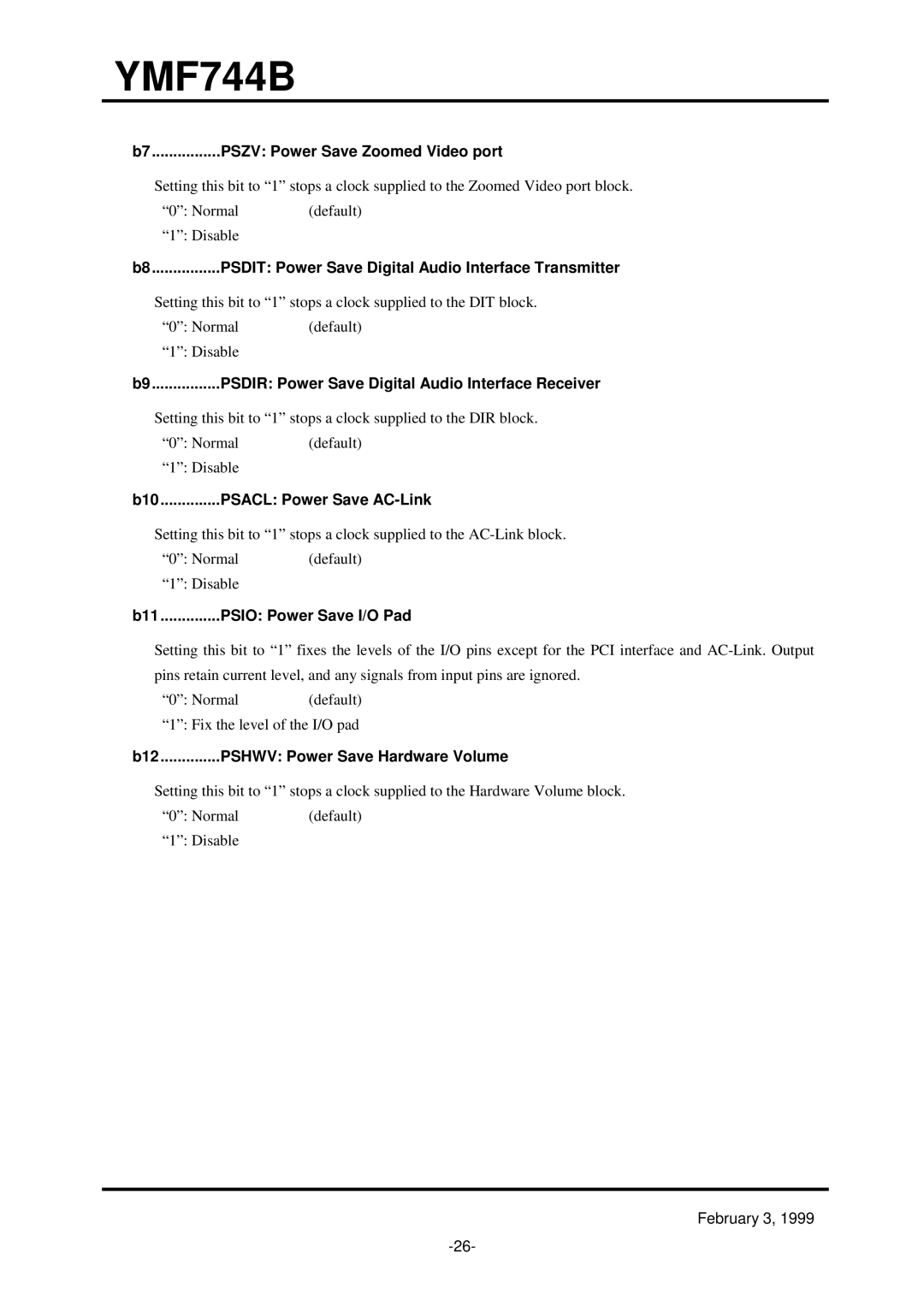 Yamaha YMF744B (DS-1S) specifications Psacl Power Save AC-Link, Psio Power Save I/O Pad, B12 