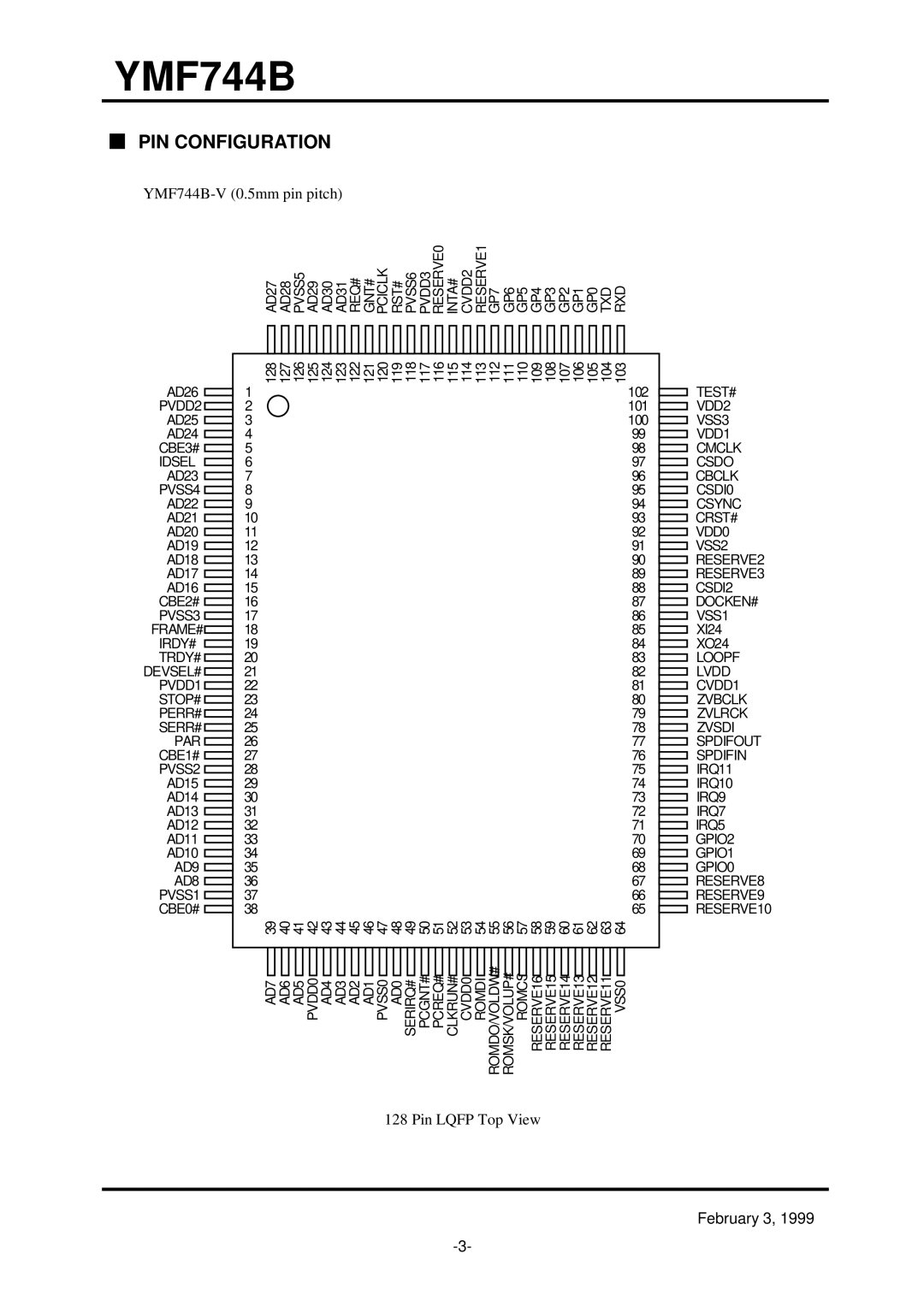 Yamaha YMF744B (DS-1S) specifications PIN Configuration, YMF744B-V 0.5mm pin pitch 