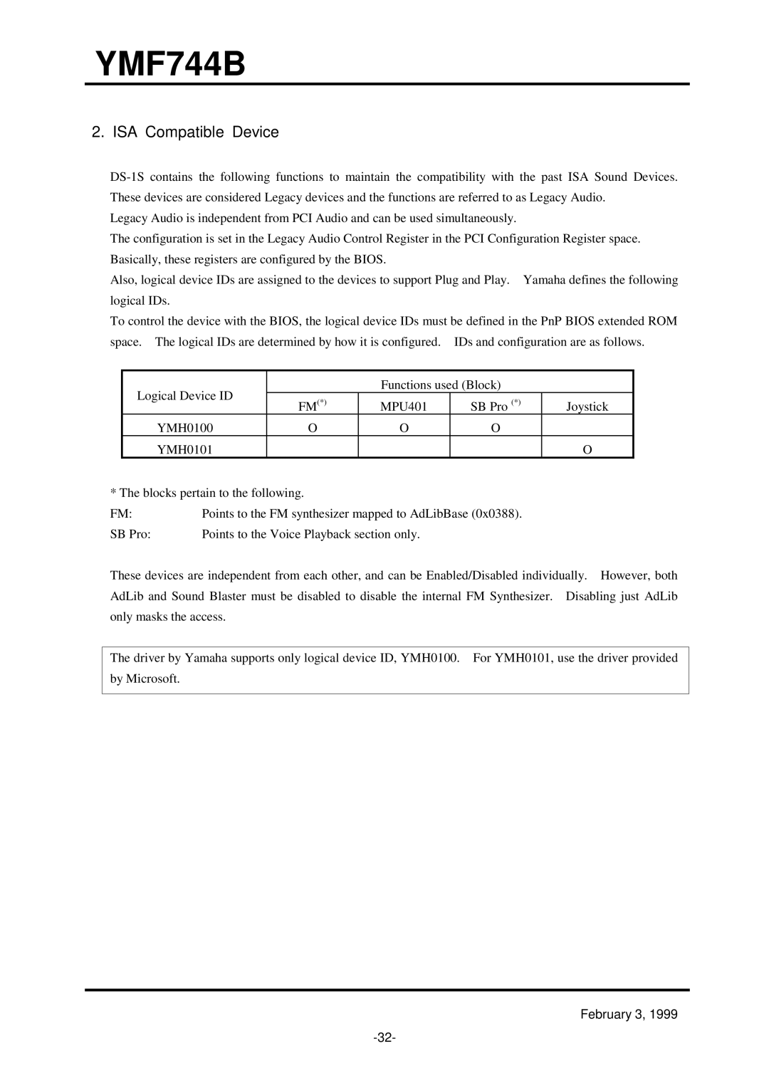 Yamaha YMF744B (DS-1S) specifications ISA Compatible Device 