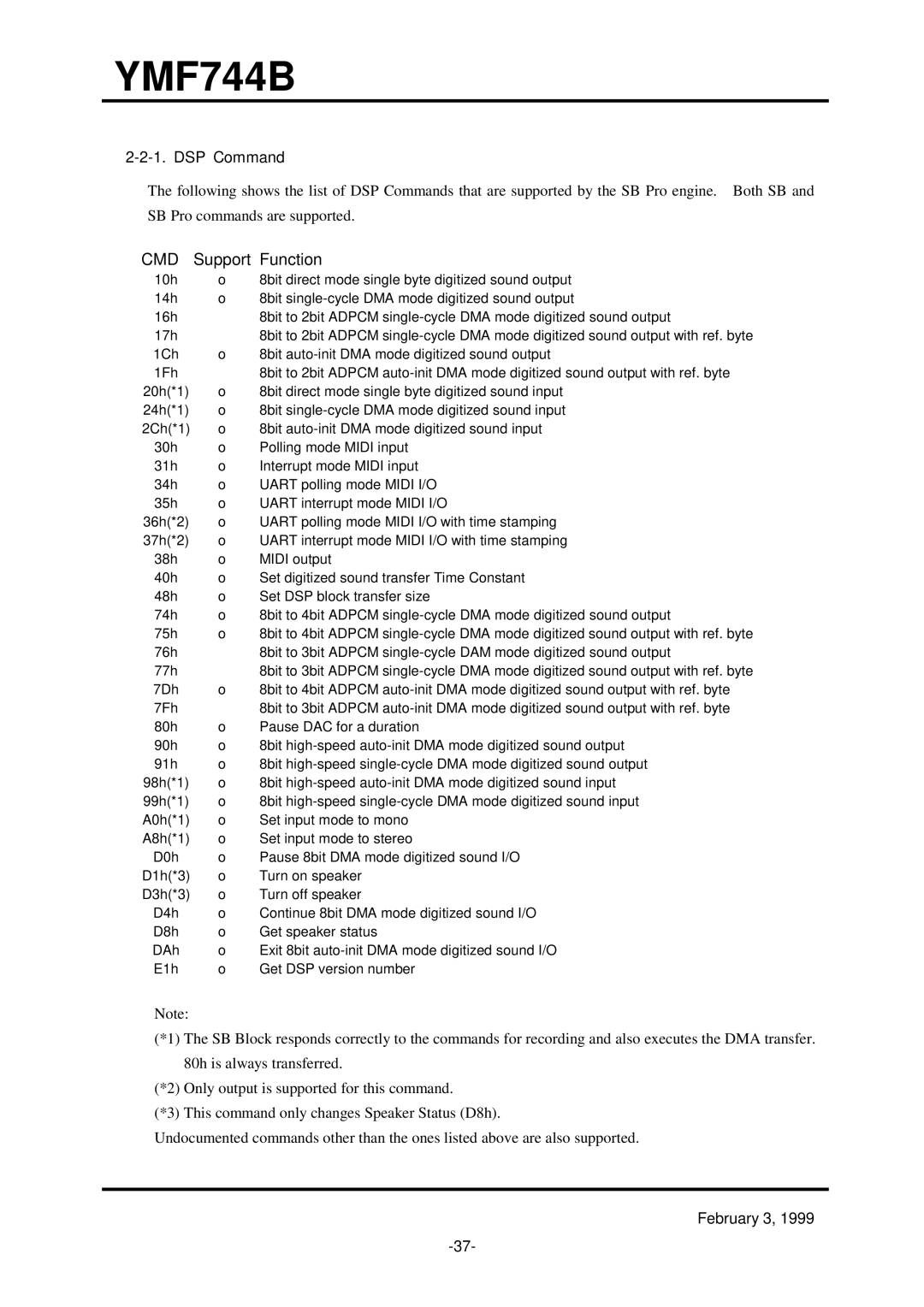 Yamaha YMF744B (DS-1S) specifications Cmd, DSP Command 