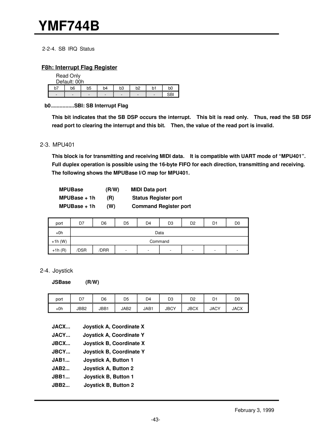 Yamaha YMF744B (DS-1S) specifications F8h Interrupt Flag Register, MPU401, Joystick, SB IRQ Status 