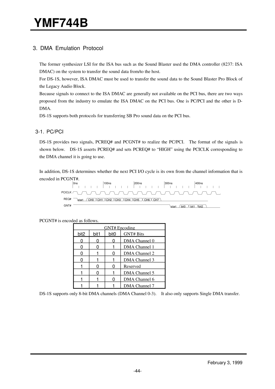 Yamaha YMF744B (DS-1S) specifications DMA Emulation Protocol, Pc/Pci 