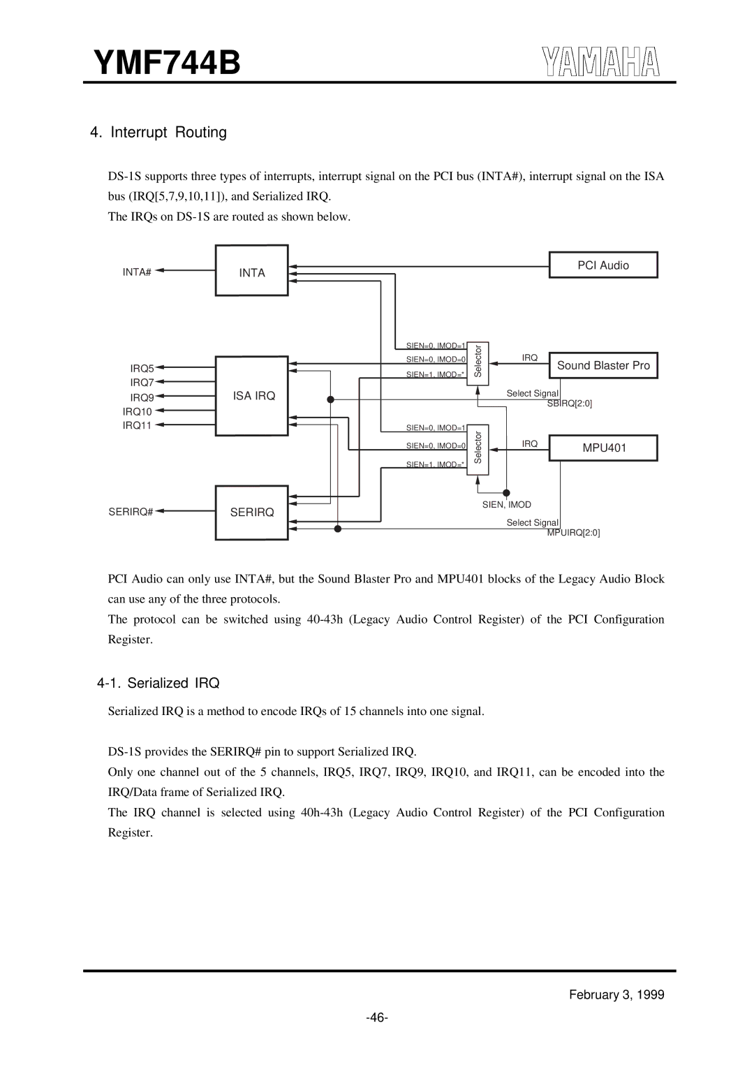 Yamaha YMF744B (DS-1S) specifications Interrupt Routing, Serialized IRQ 