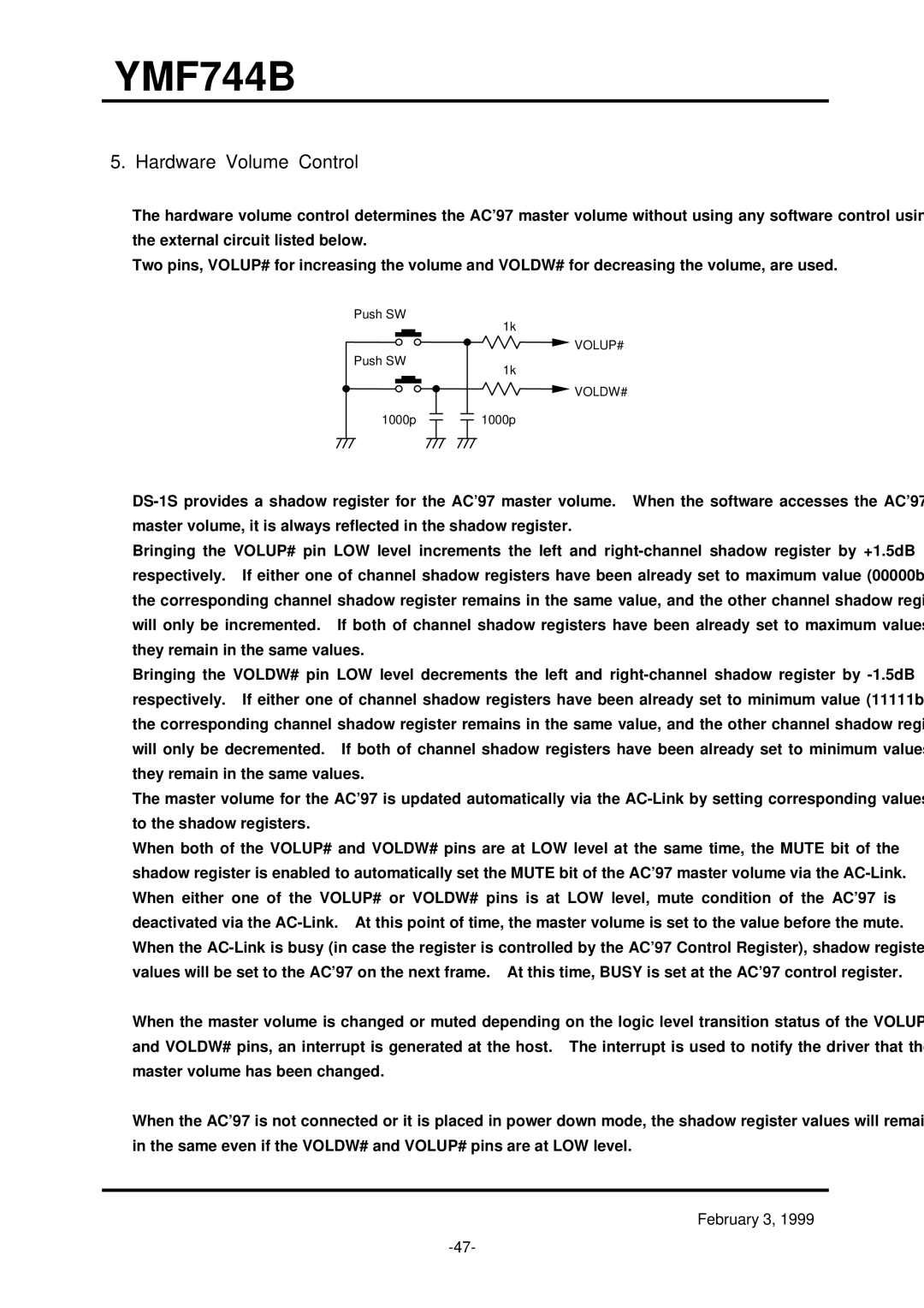 Yamaha YMF744B (DS-1S) specifications Hardware Volume Control 