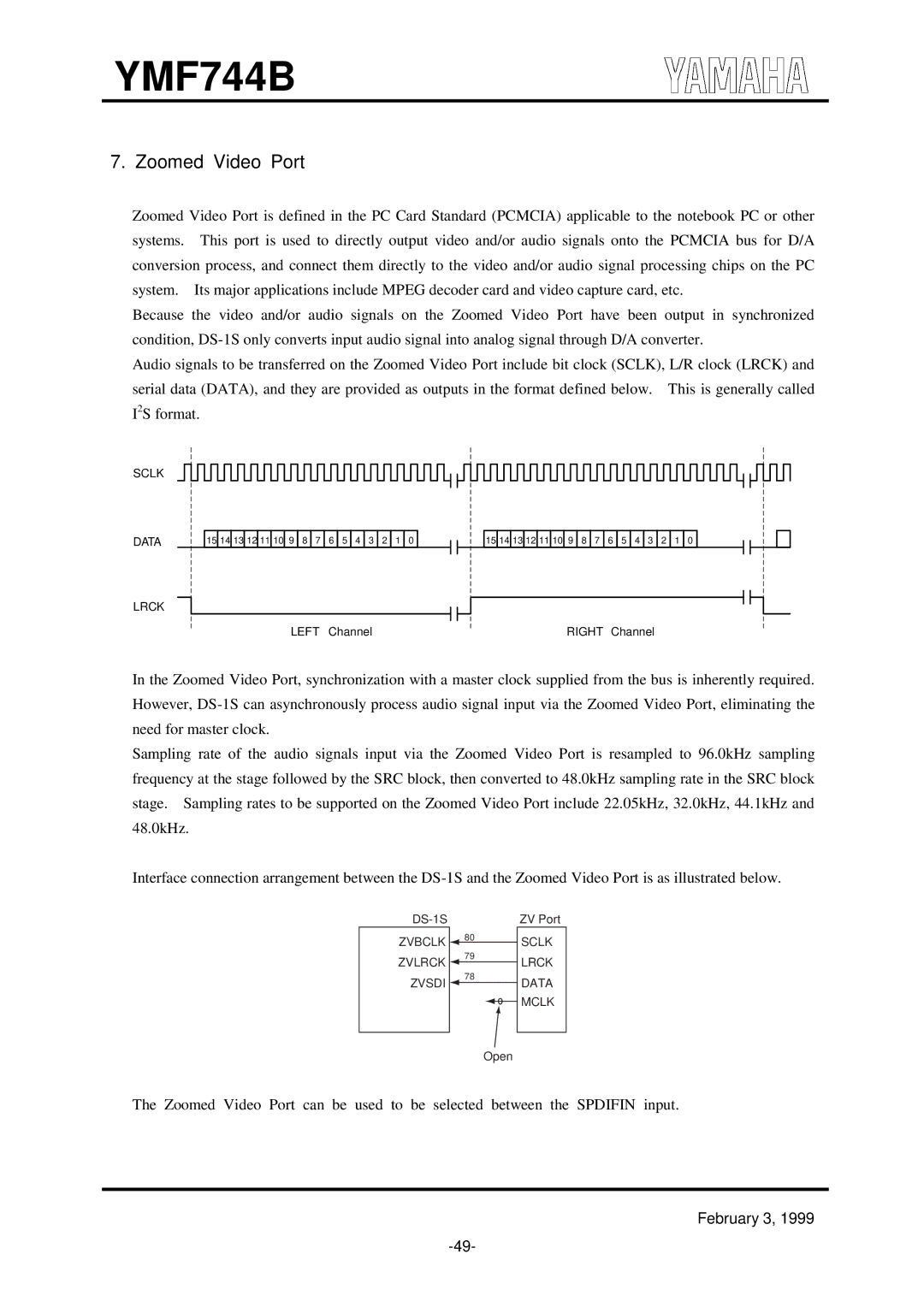 Yamaha YMF744B (DS-1S) specifications Zoomed Video Port, Sclk Data Lrck 