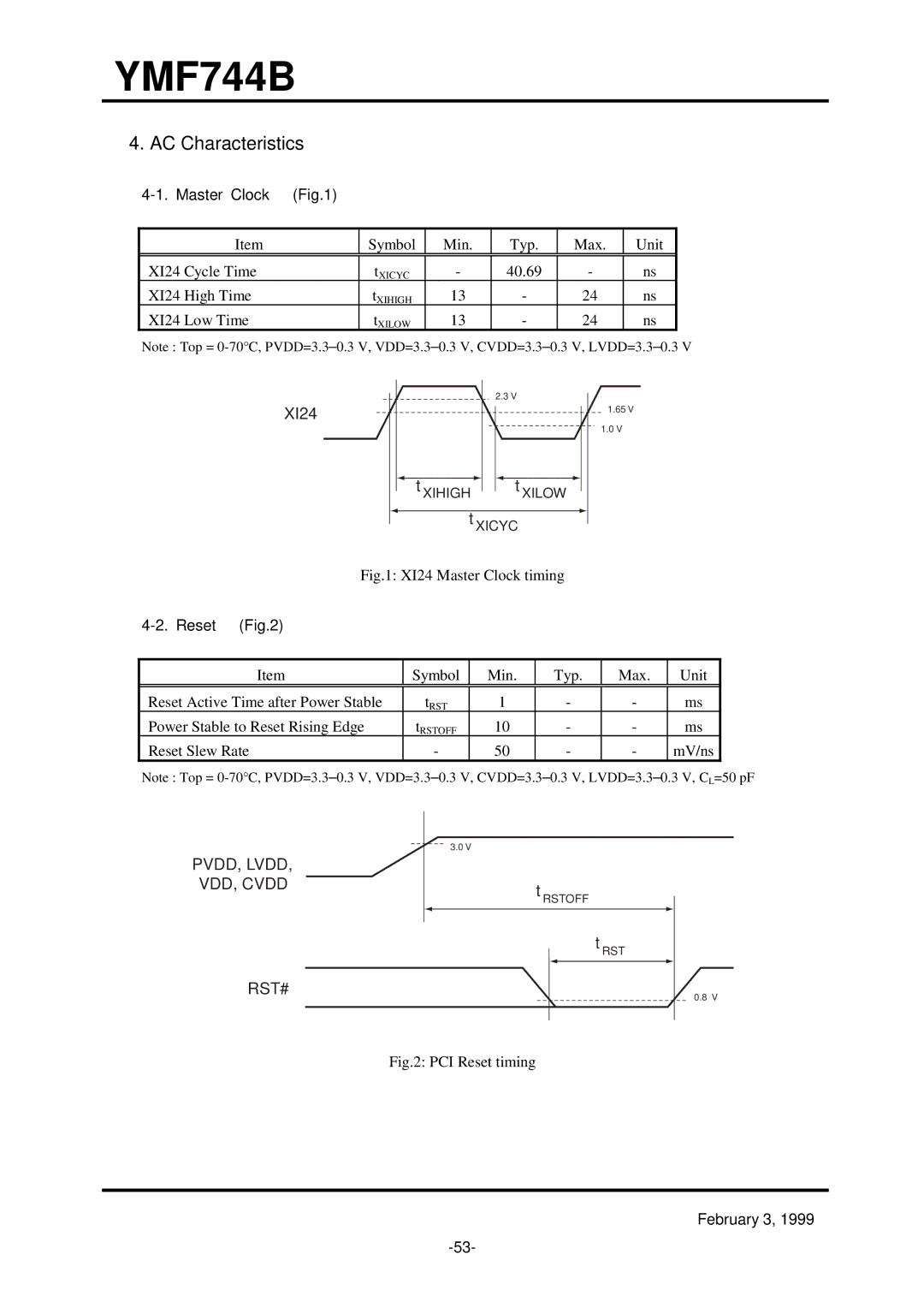 Yamaha YMF744B (DS-1S) specifications AC Characteristics, Master Clock, Reset 