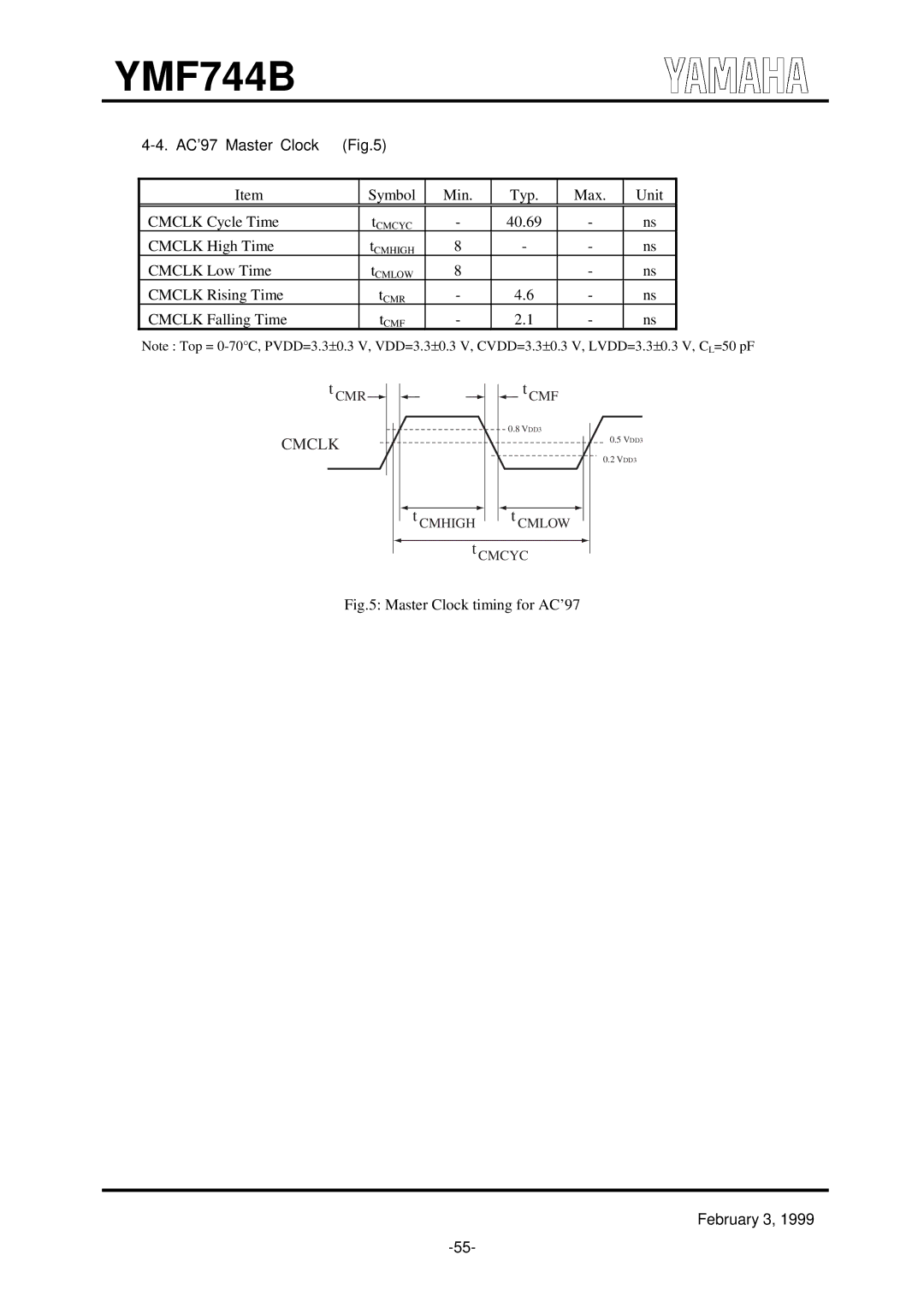 Yamaha YMF744B (DS-1S) specifications AC’97 Master Clock, Master Clock timing for AC’97 