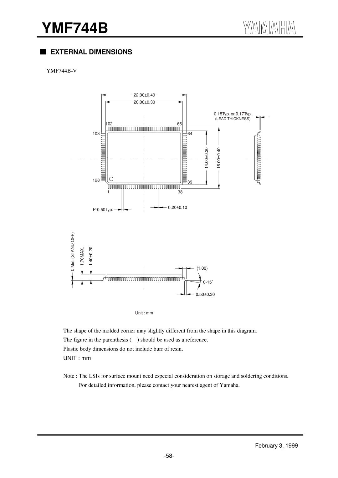 Yamaha YMF744B (DS-1S) specifications External Dimensions, Unit mm February 3 