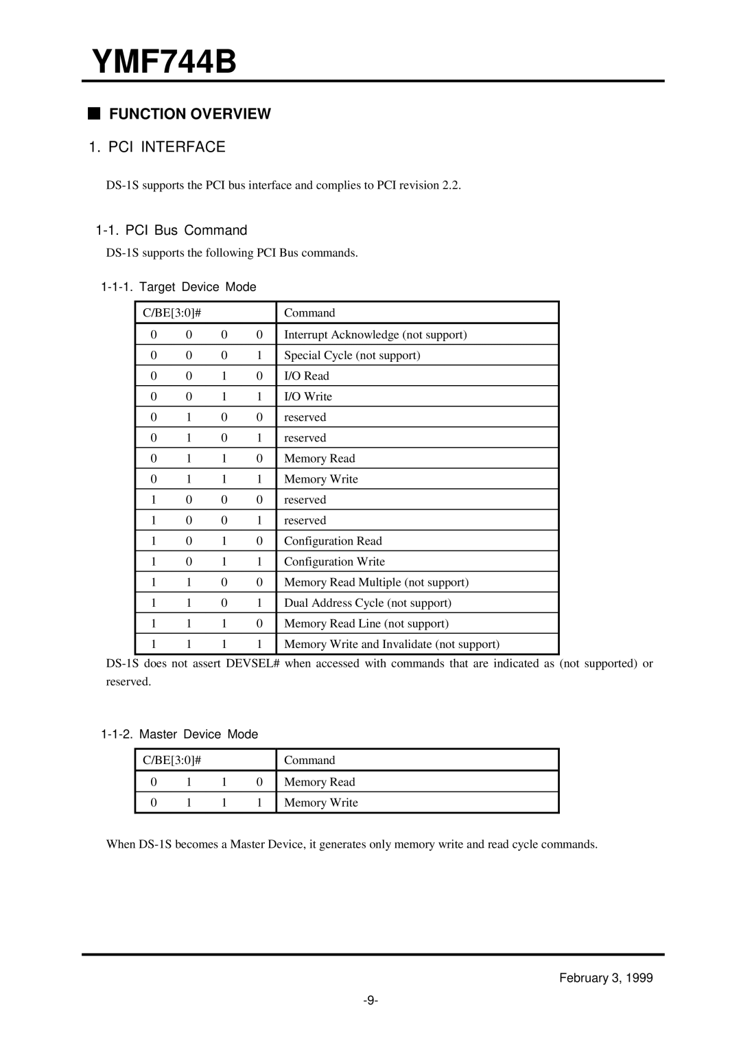 Yamaha YMF744B (DS-1S) specifications Function Overview, PCI Bus Command, Target Device Mode, Master Device Mode 