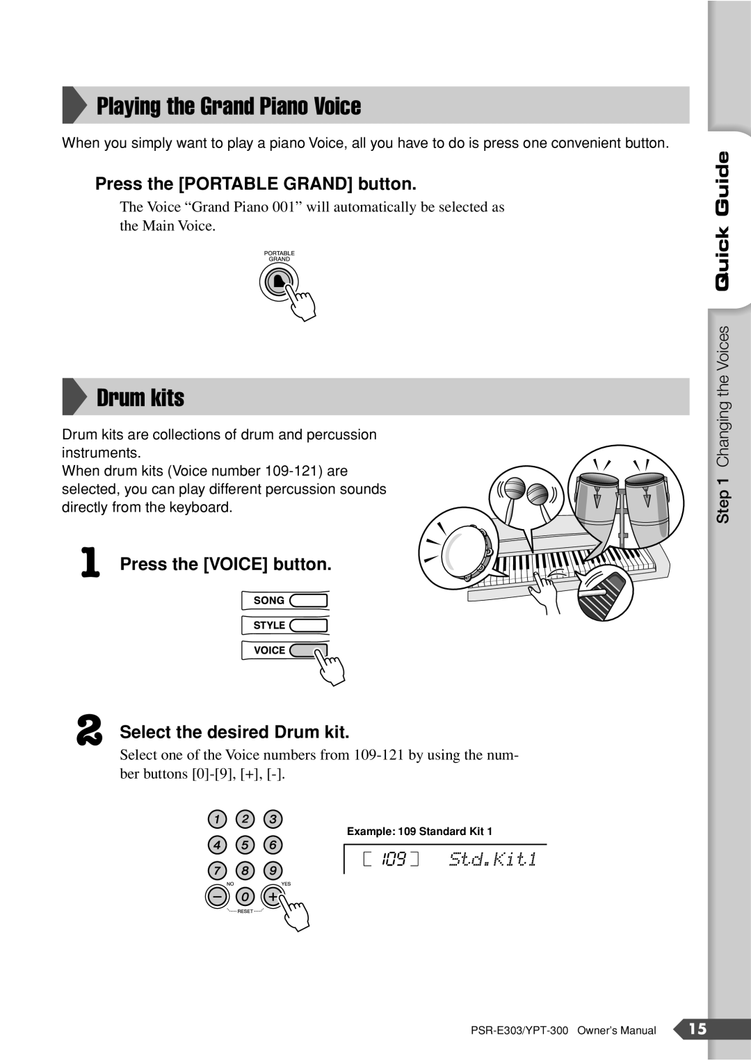 Yamaha PSR-E303, YPT-300 owner manual Playing the Grand Piano Voice, Drum kits, Press the Portable Grand button, Std.Kit1 