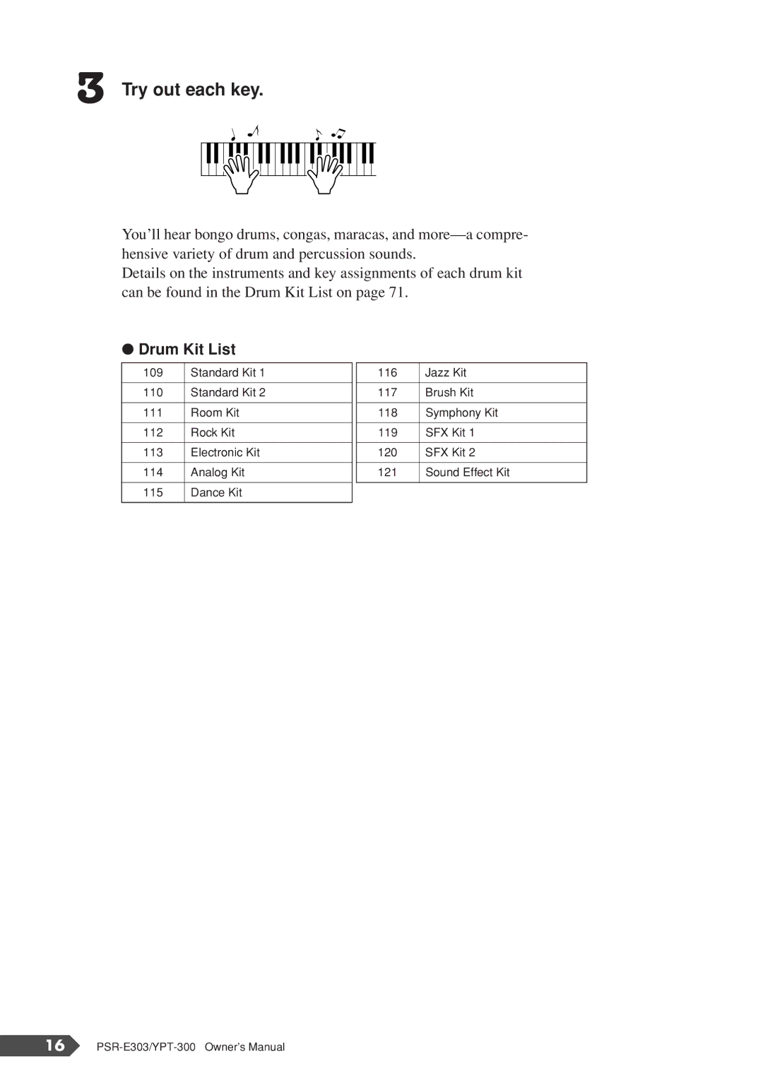 Yamaha YPT-300, PSR-E303 owner manual Try out each key, Drum Kit List 