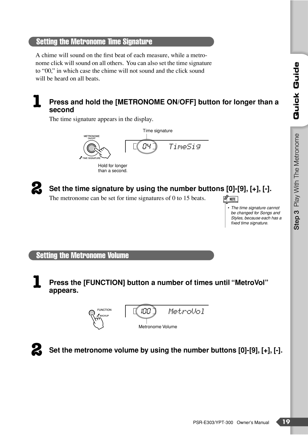 Yamaha PSR-E303, YPT-300 owner manual Set the time signature by using the number buttons 0-9, +, Appears 