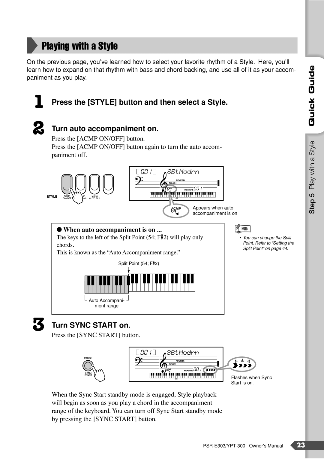 Yamaha PSR-E303, YPT-300 owner manual Playing with a Style, Turn Sync Start on 