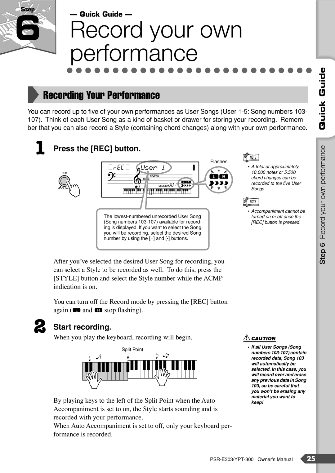 Yamaha PSR-E303, YPT-300 owner manual Recording Your Performance, Start recording 