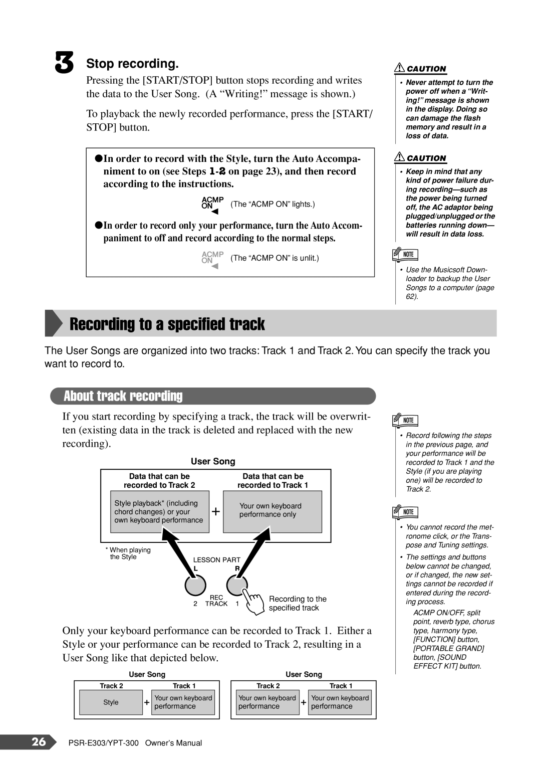 Yamaha YPT-300, PSR-E303 owner manual Recording to a speciﬁed track, Stop recording 