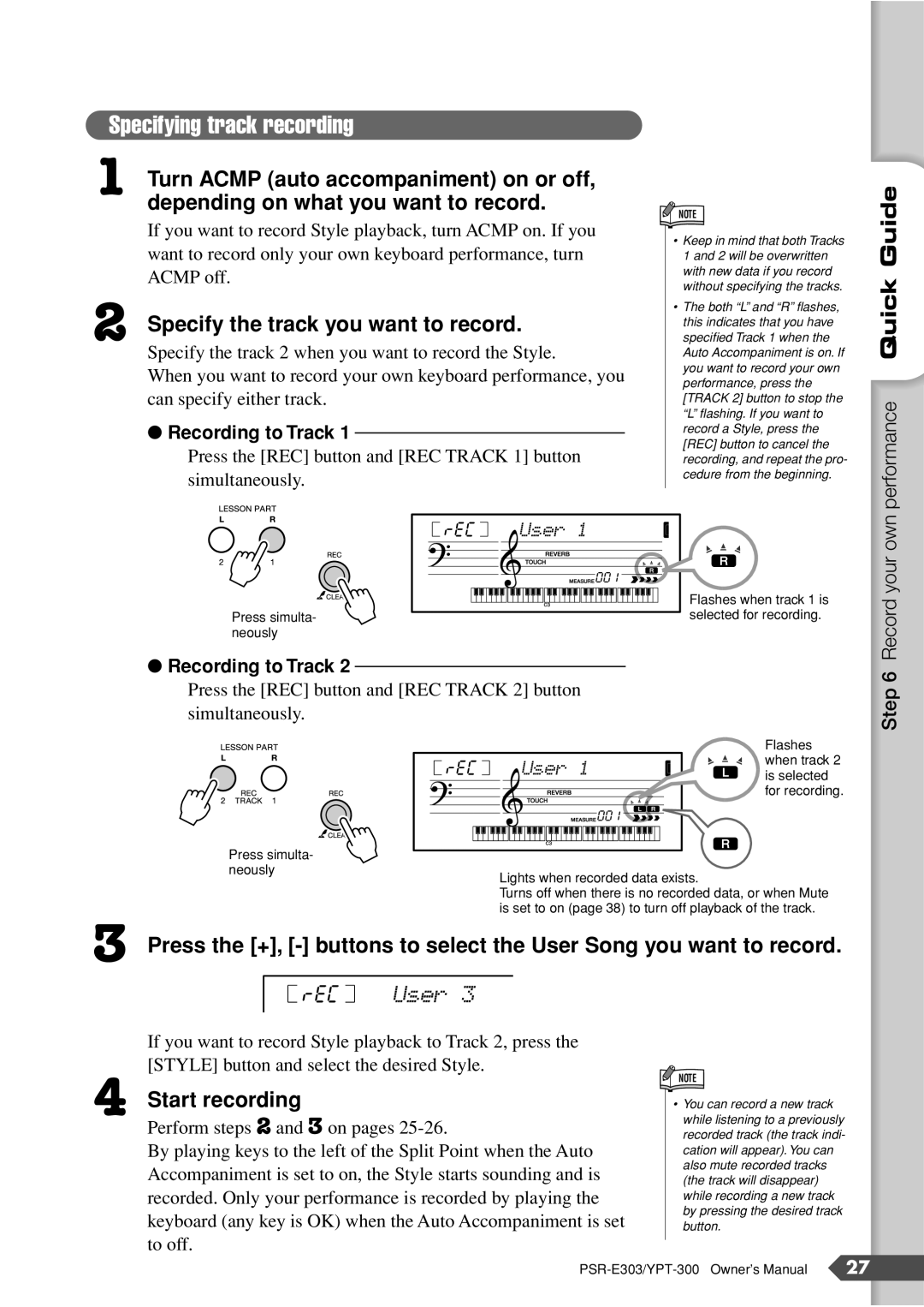 Yamaha PSR-E303, YPT-300 owner manual Specify the track you want to record, User, Recording to Track 