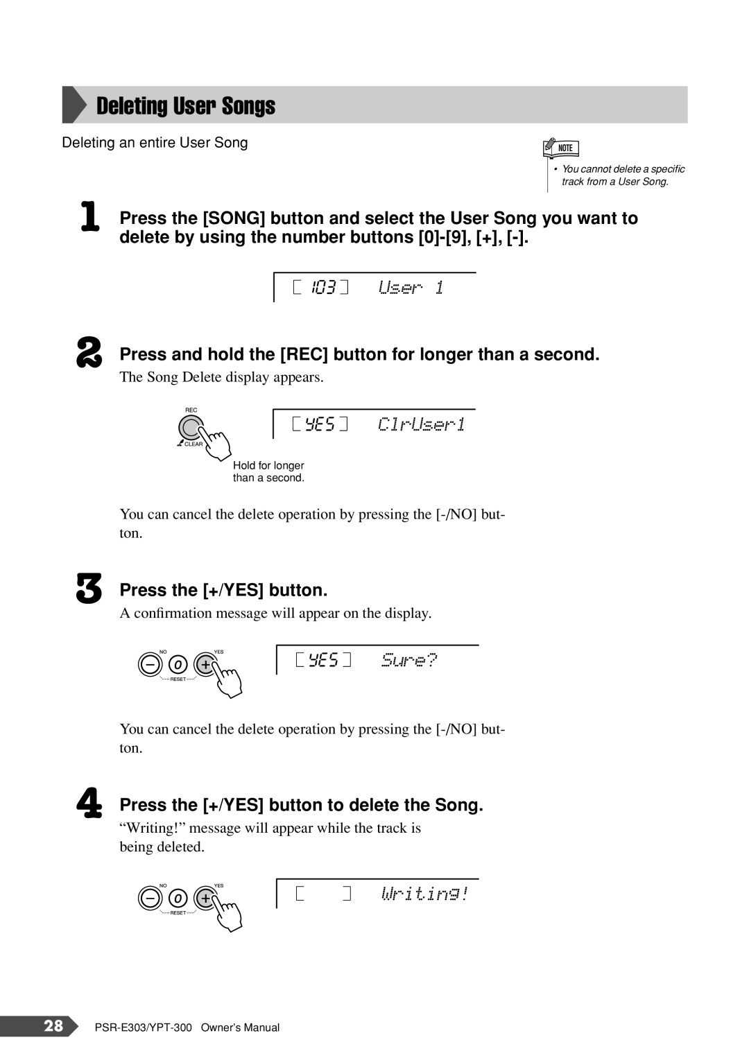 Yamaha YPT-300 Deleting User Songs, Press and hold the REC button for longer than a second, Press the +/YES button 