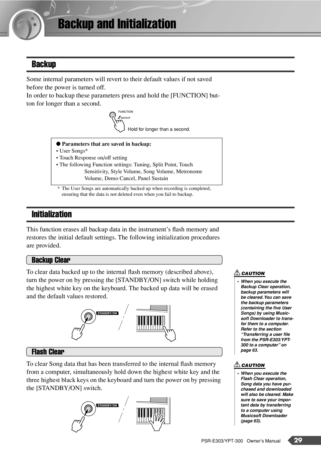 Yamaha PSR-E303, YPT-300 owner manual Backup and Initialization, Backup Clear, Flash Clear 