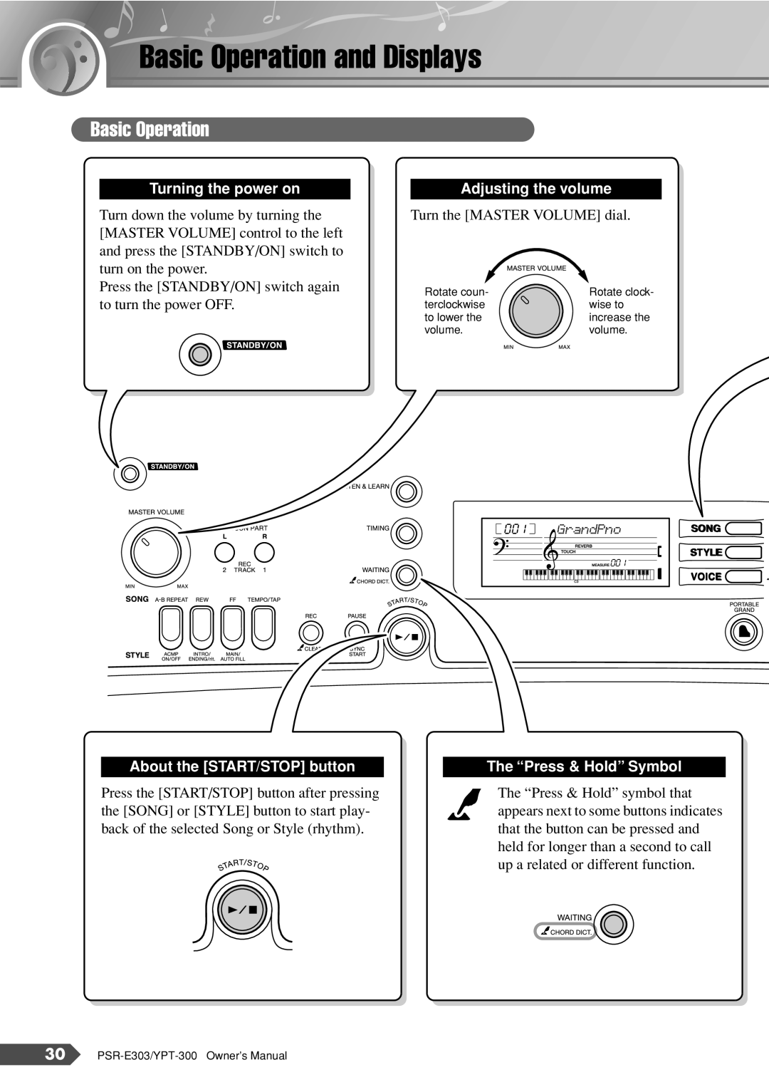 Yamaha YPT-300, PSR-E303 owner manual Basic Operation and Displays 