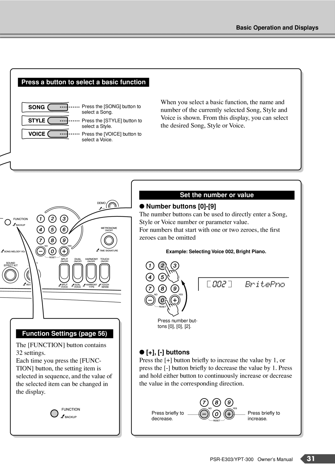 Yamaha PSR-E303, YPT-300 owner manual BritePno, Press a button to select a basic function 