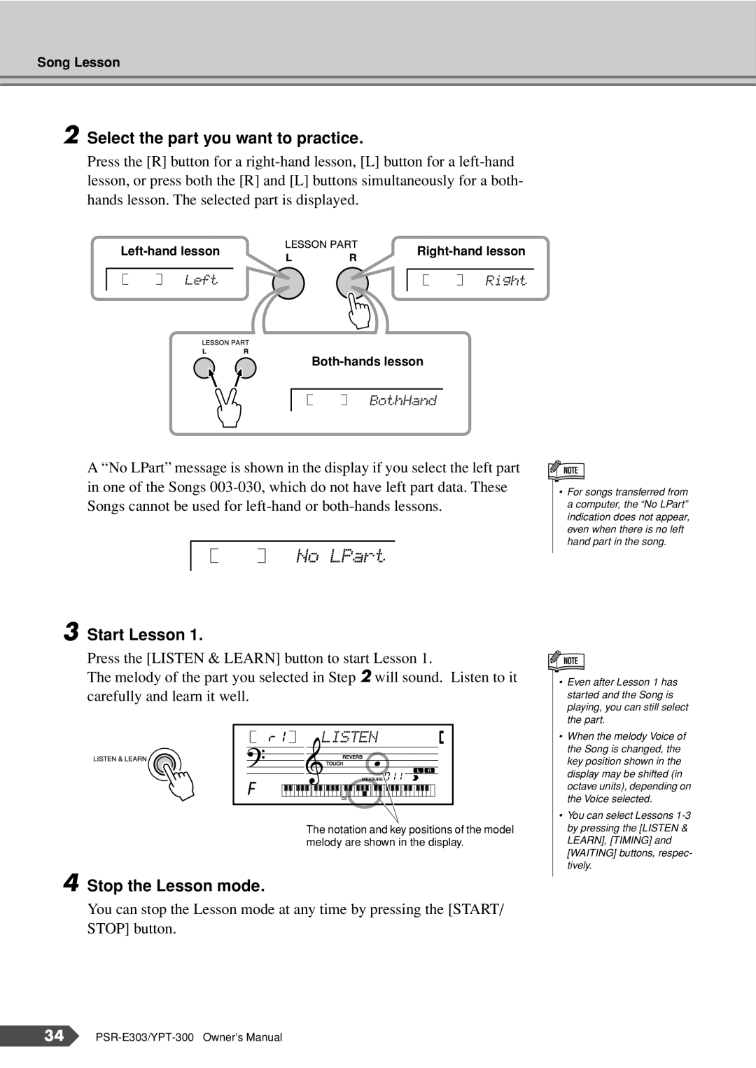 Yamaha YPT-300, PSR-E303 owner manual No LPart, Select the part you want to practice, Start Lesson, Stop the Lesson mode 