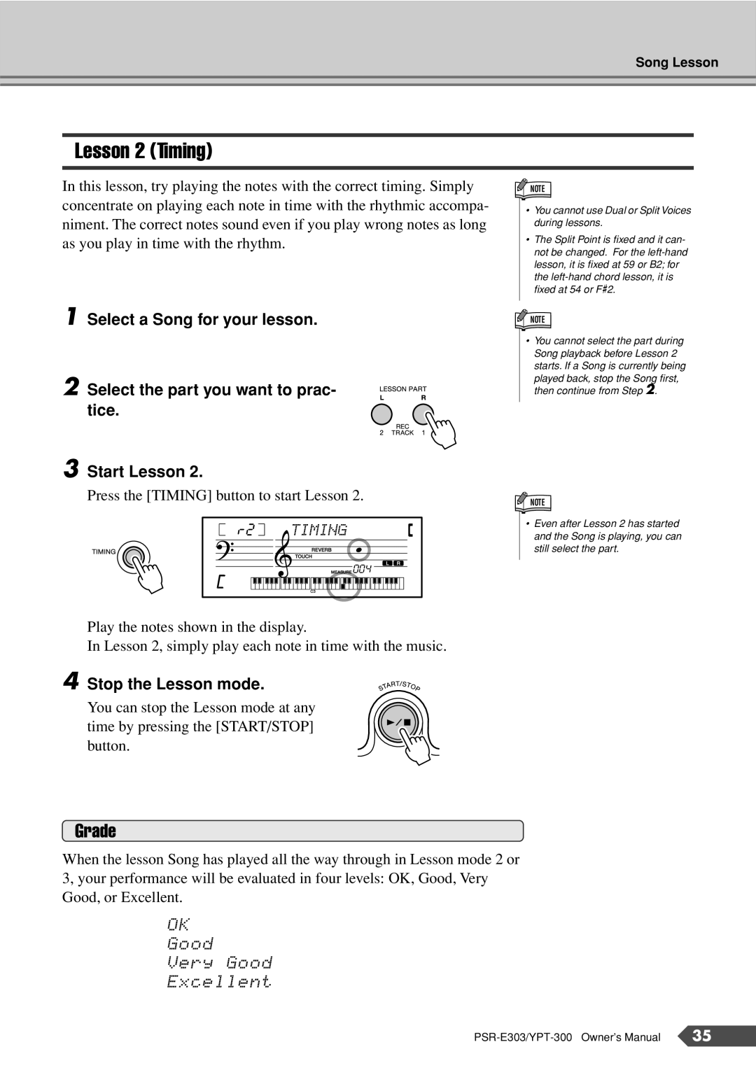 Yamaha PSR-E303, YPT-300 owner manual Lesson 2 Timing, Grade 