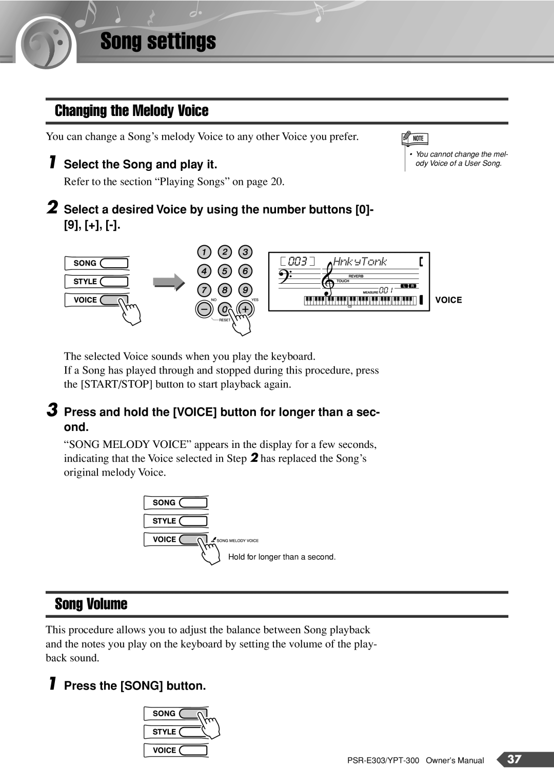 Yamaha PSR-E303, YPT-300 owner manual Song settings, Changing the Melody Voice, Song Volume 