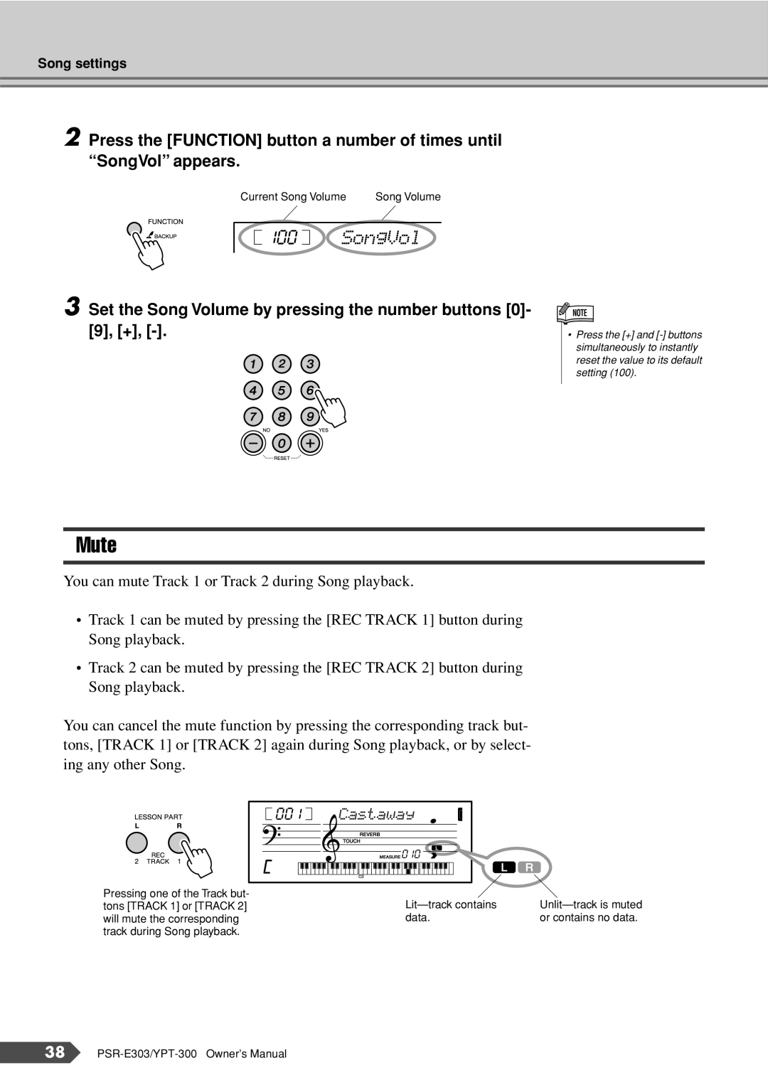 Yamaha YPT-300, PSR-E303 owner manual Mute, SongVol, Set the Song Volume by pressing the number buttons 0- 9, + 