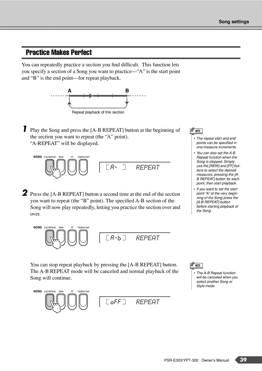 Yamaha PSR-E303, YPT-300 owner manual Practice Makes Perfect, OFF Repeat 