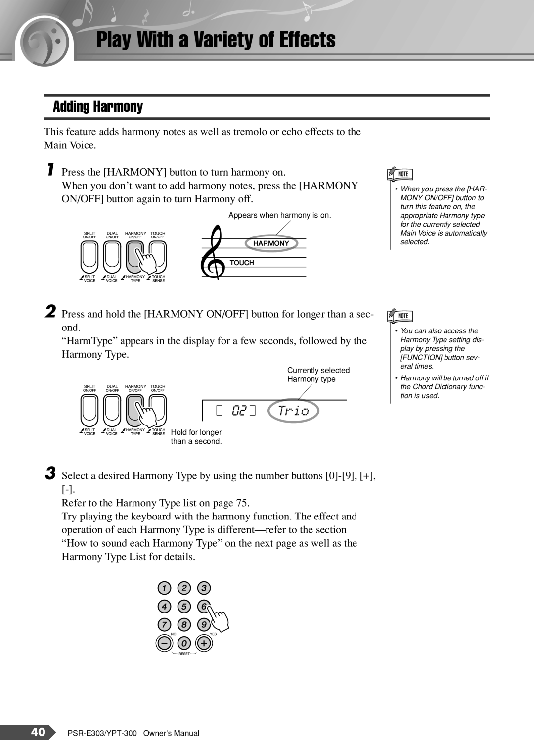 Yamaha YPT-300, PSR-E303 owner manual Play With a Variety of Effects, Adding Harmony, Trio 