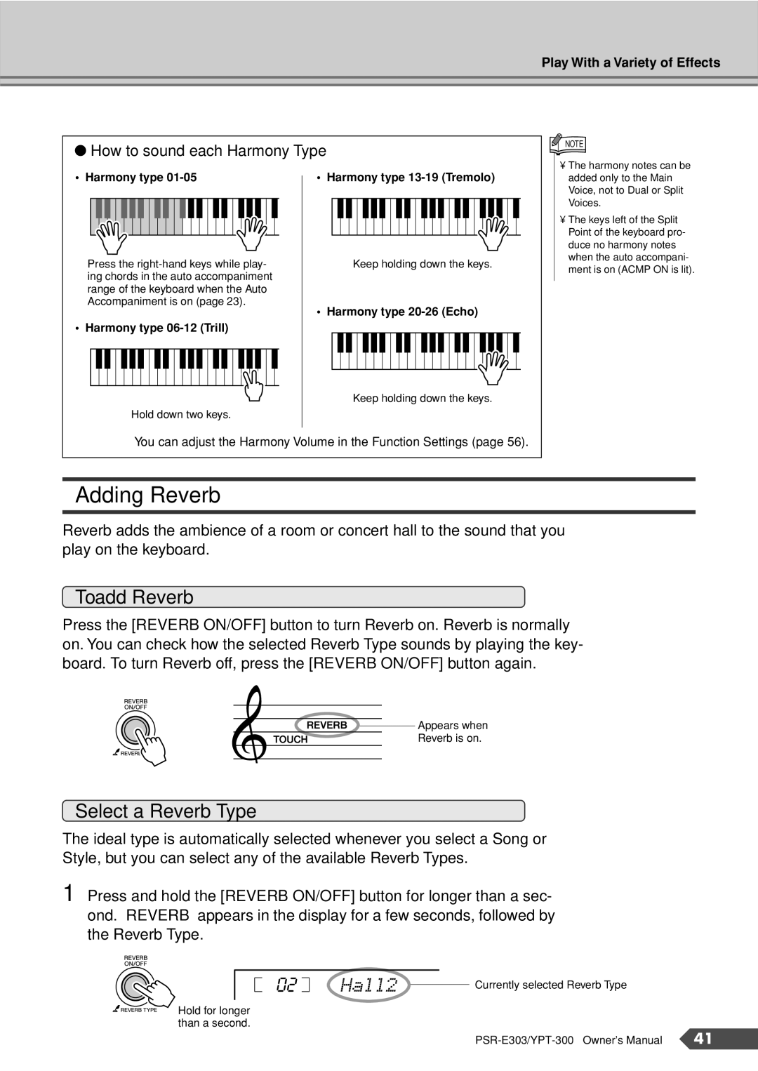 Yamaha PSR-E303, YPT-300 owner manual Adding Reverb, To add Reverb, Select a Reverb Type, Hall2 