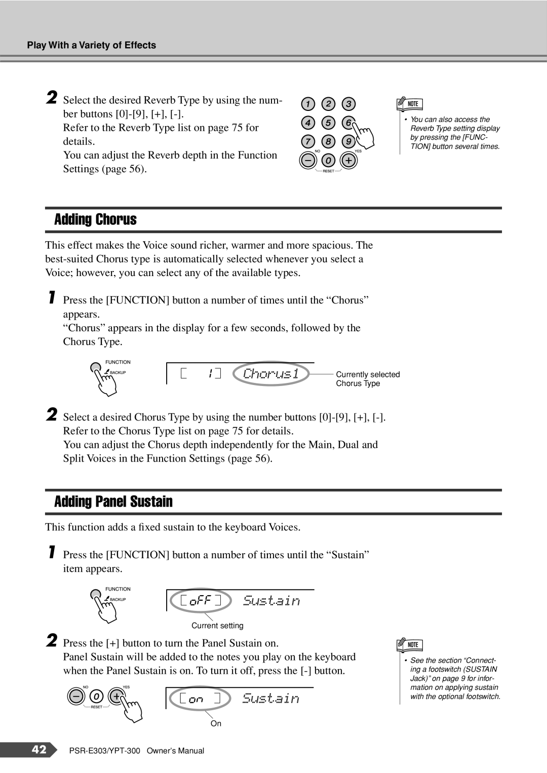 Yamaha YPT-300, PSR-E303 owner manual Adding Chorus, Adding Panel Sustain, Chorus1, OFF Sustain, On Sustain 