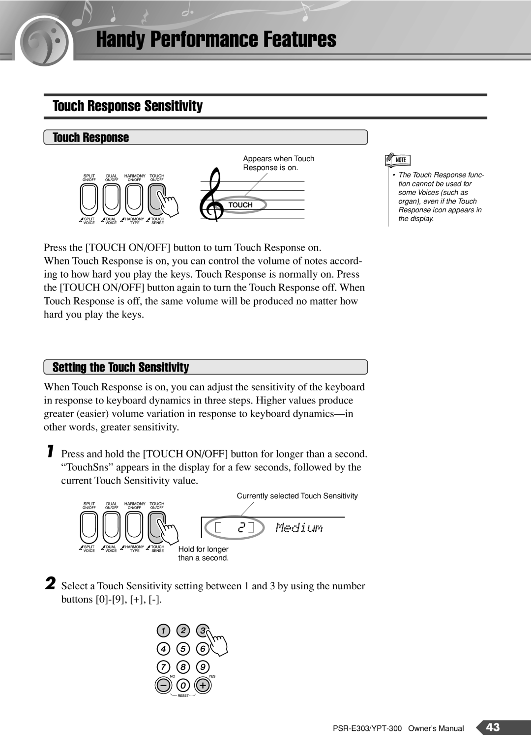 Yamaha PSR-E303, YPT-300 Handy Performance Features, Touch Response Sensitivity, Setting the Touch Sensitivity, Medium 