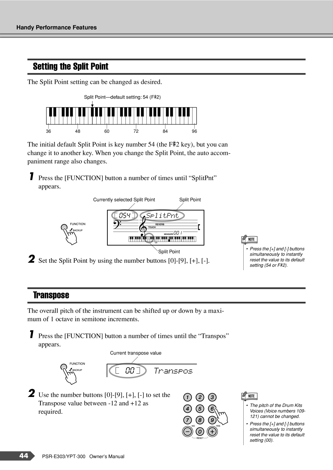 Yamaha YPT-300, PSR-E303 owner manual Setting the Split Point, Transpose 