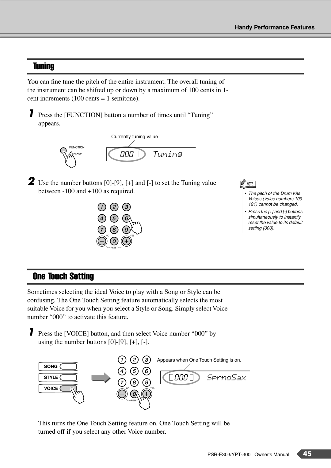 Yamaha PSR-E303, YPT-300 owner manual Tuning, One Touch Setting, SprnoSax 