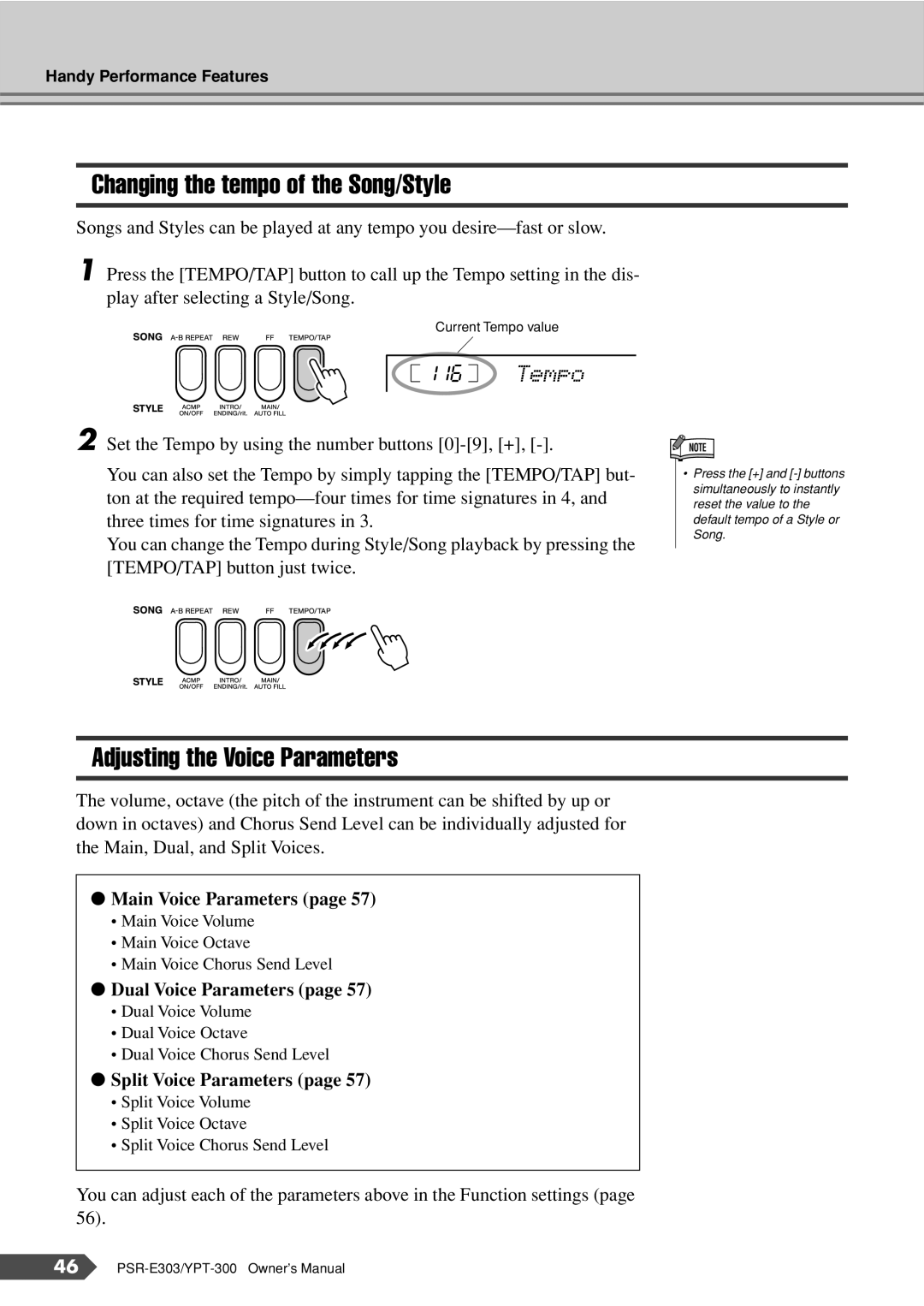 Yamaha YPT-300, PSR-E303 owner manual Changing the tempo of the Song/Style, Adjusting the Voice Parameters 