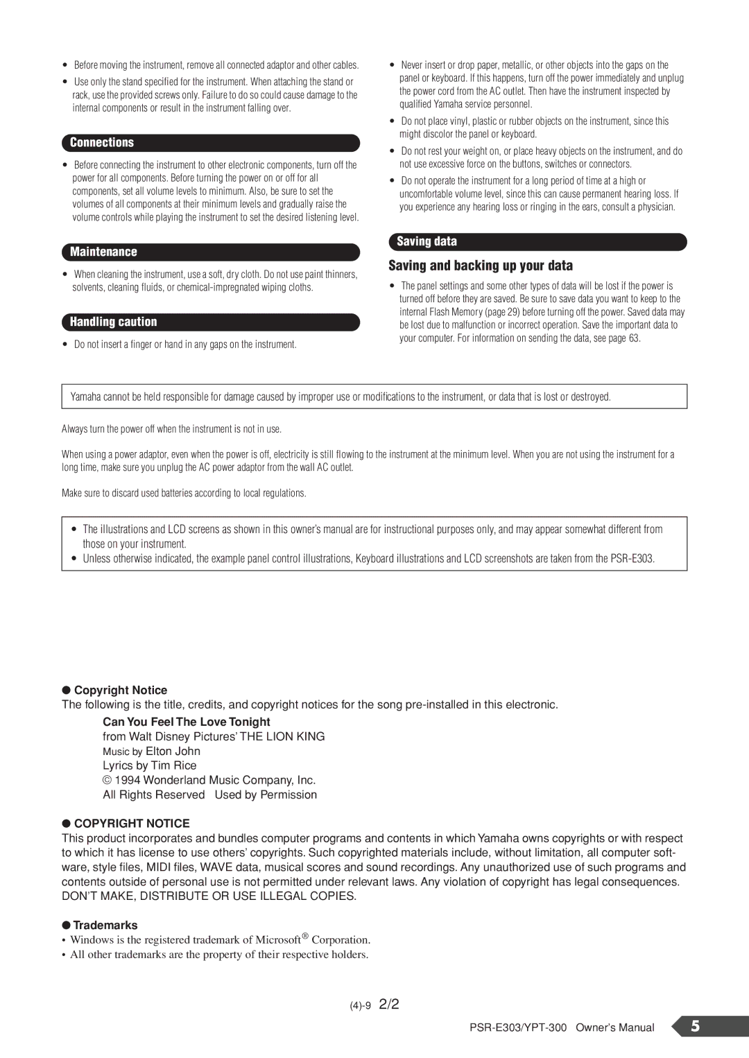 Yamaha PSR-E303, YPT-300 owner manual Saving and backing up your data 