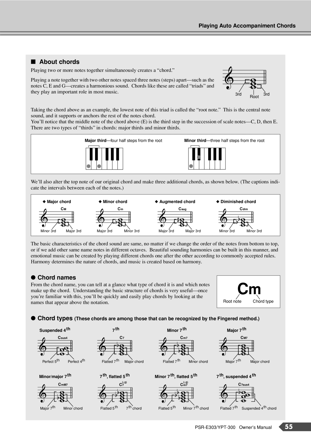 Yamaha PSR-E303, YPT-300 owner manual About chords, Chord names 