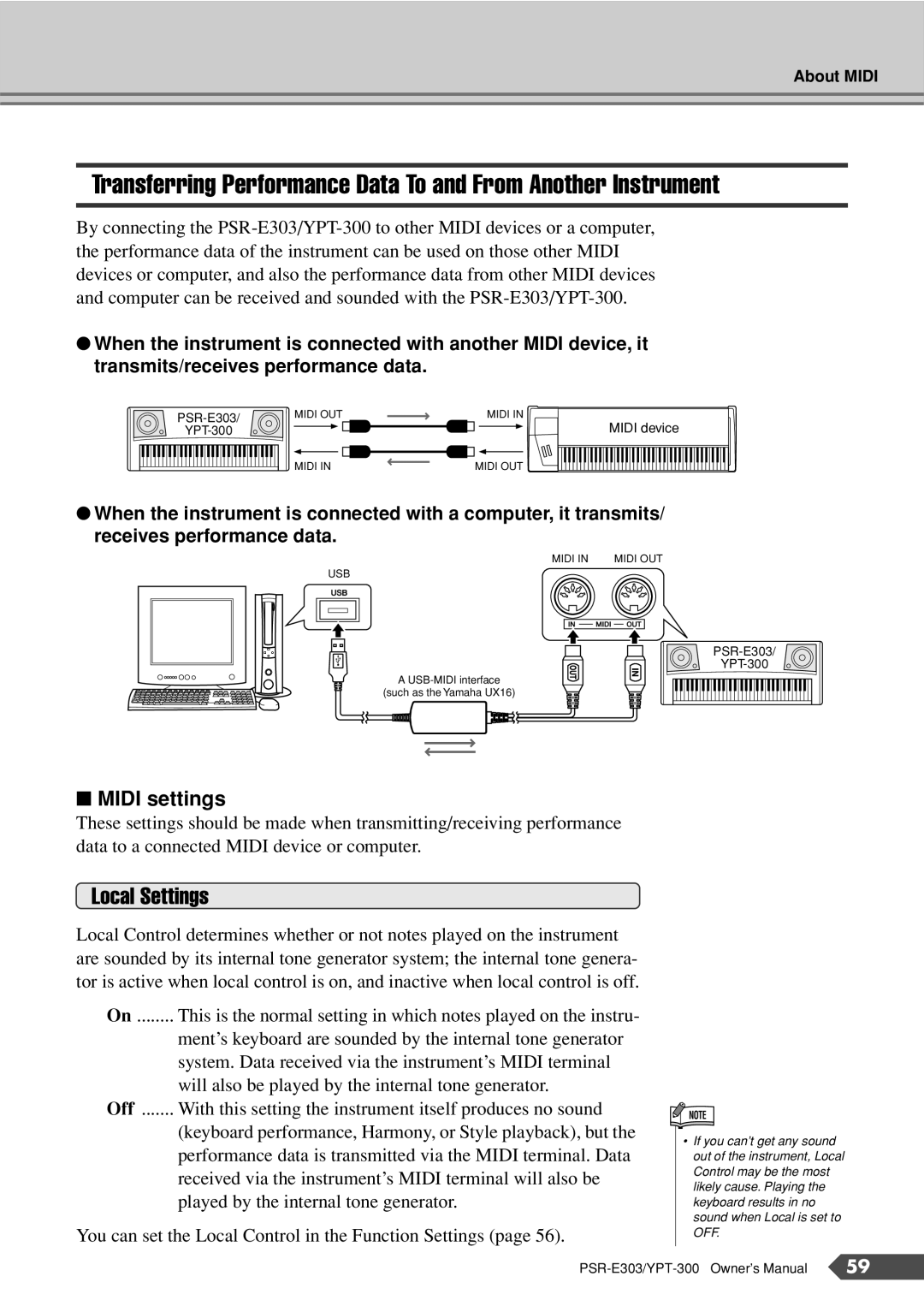 Yamaha PSR-E303, YPT-300 owner manual Local Settings, Midi settings 