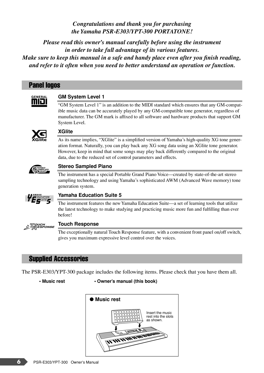 Yamaha YPT-300, PSR-E303 owner manual Panel logos, Supplied Accessories 