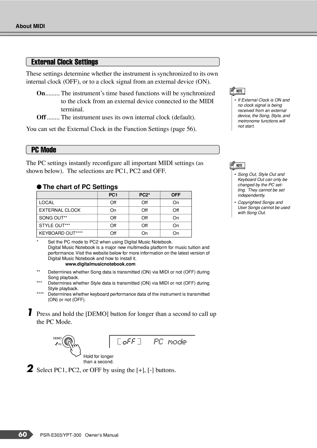 Yamaha YPT-300, PSR-E303 owner manual External Clock Settings, PC Mode, OFF PC mode, Chart of PC Settings 