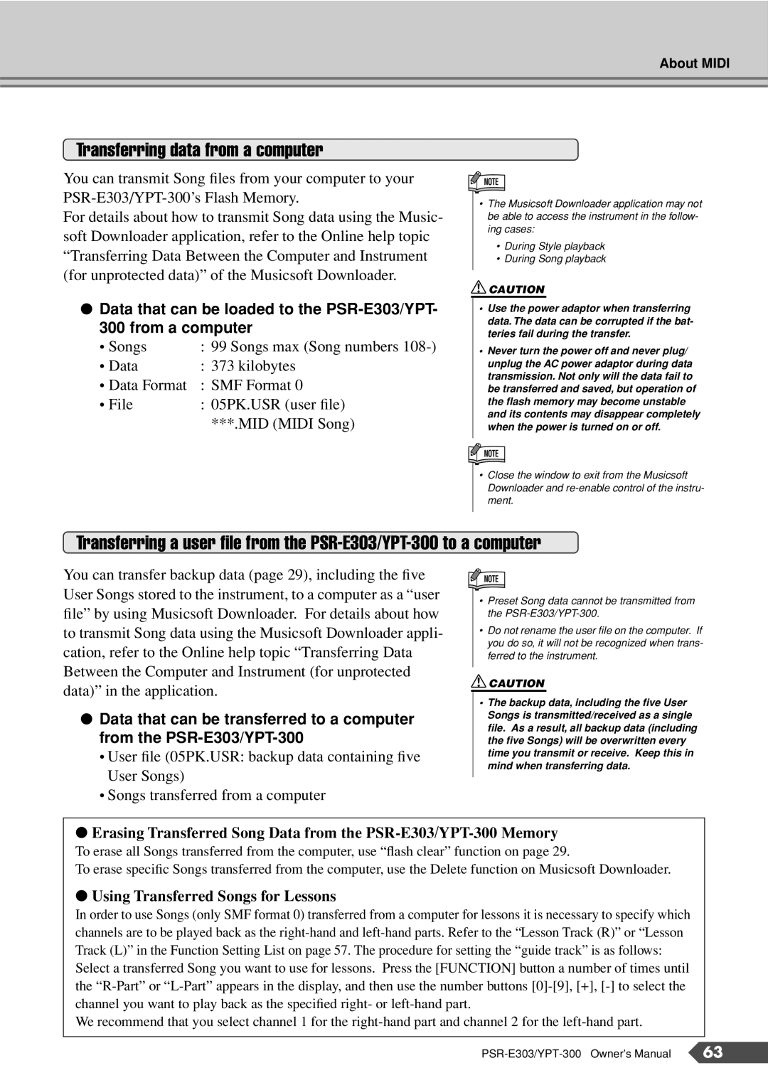 Yamaha PSR-E303, YPT-300 owner manual Transferring data from a computer, Using Transferred Songs for Lessons 