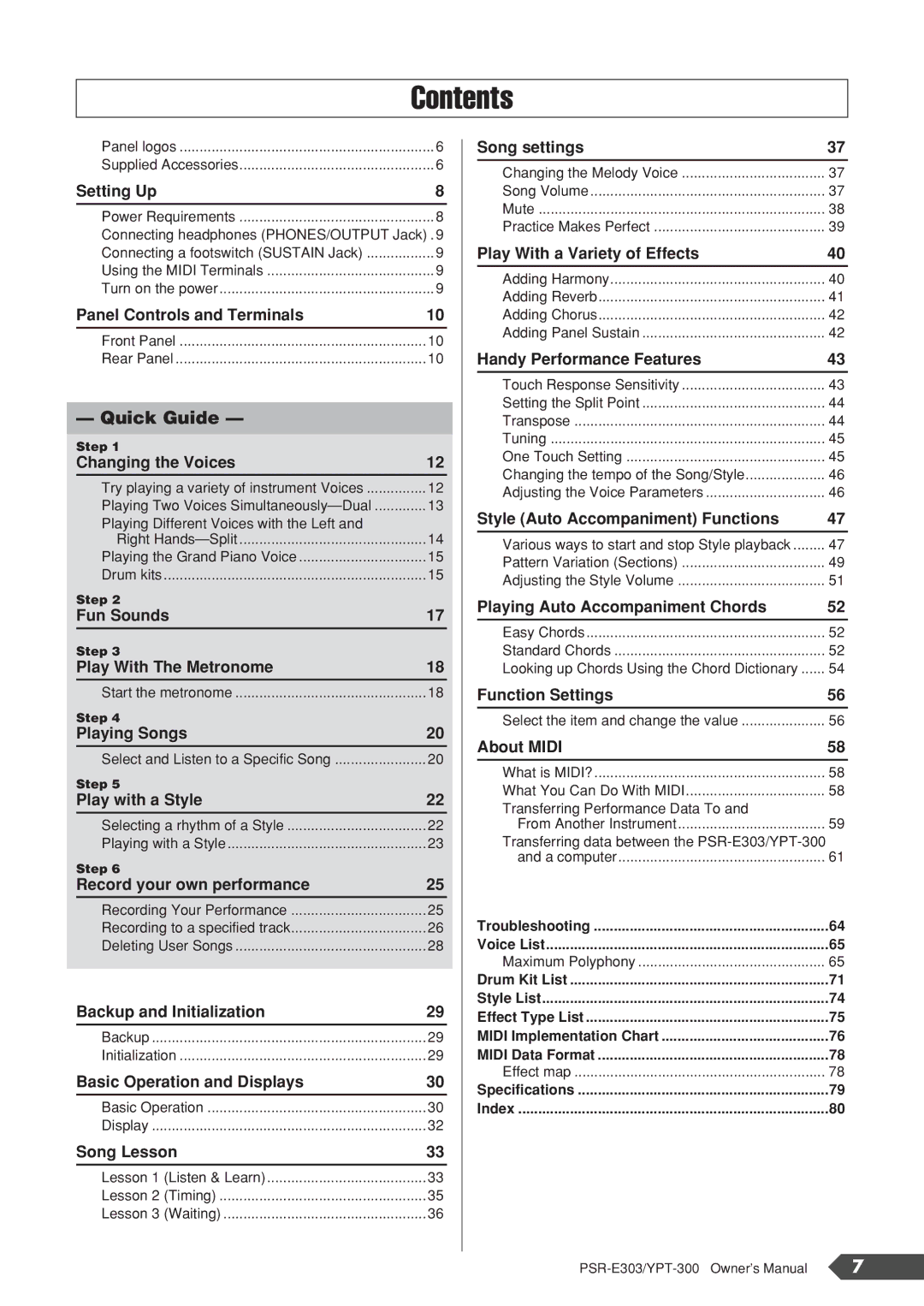 Yamaha PSR-E303, YPT-300 owner manual Contents 