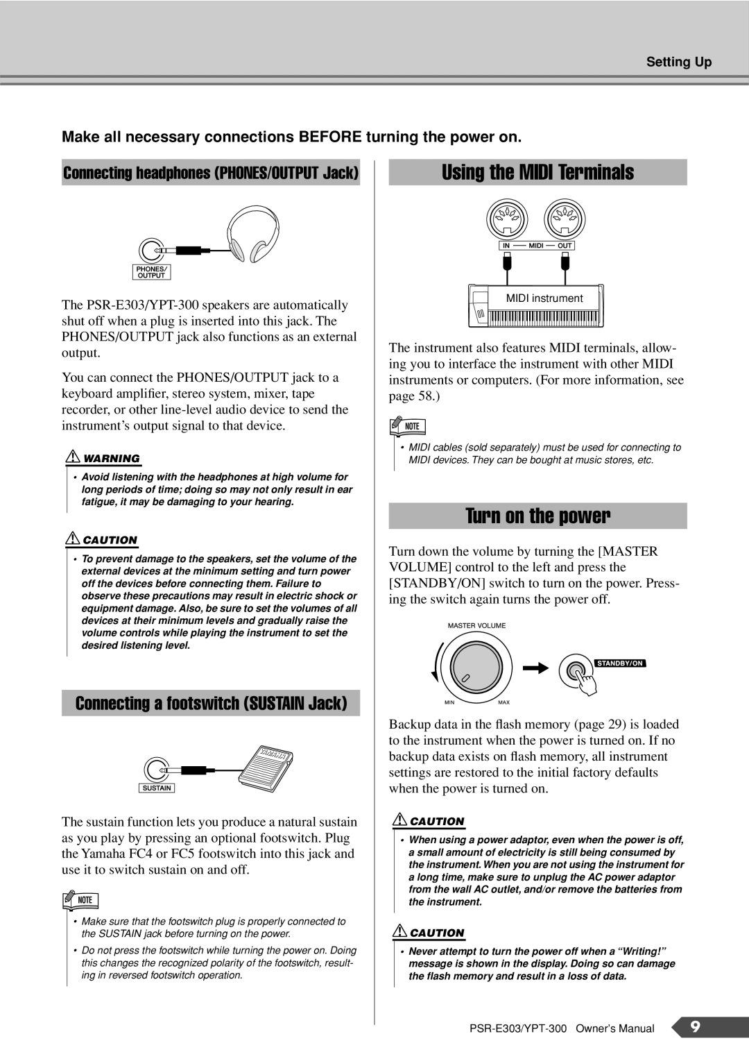 Yamaha PSR-E303 Using the Midi Terminals, Turn on the power, Make all necessary connections Before turning the power on 