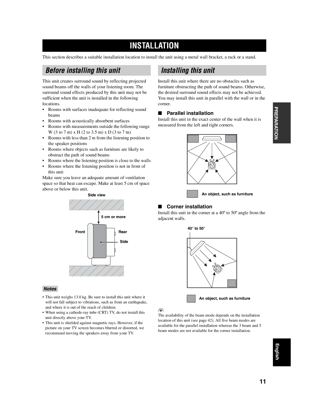 Yamaha YSP-1000 owner manual Installation, Before installing this unit, Installing this unit, Parallel installation 