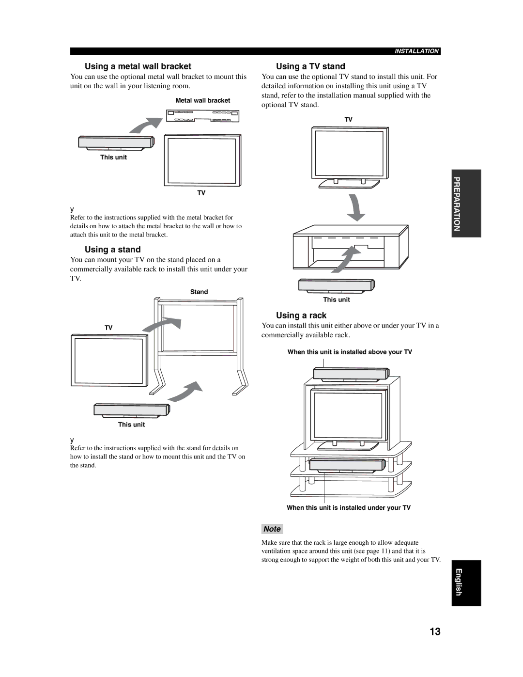 Yamaha YSP-1000 owner manual Using a metal wall bracket, Using a stand, Using a TV stand, Using a rack 