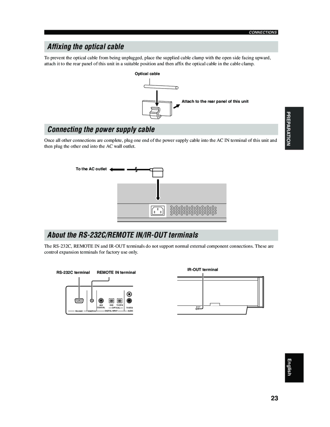 Yamaha YSP-1000 owner manual Affixing the optical cable, Connecting the power supply cable 