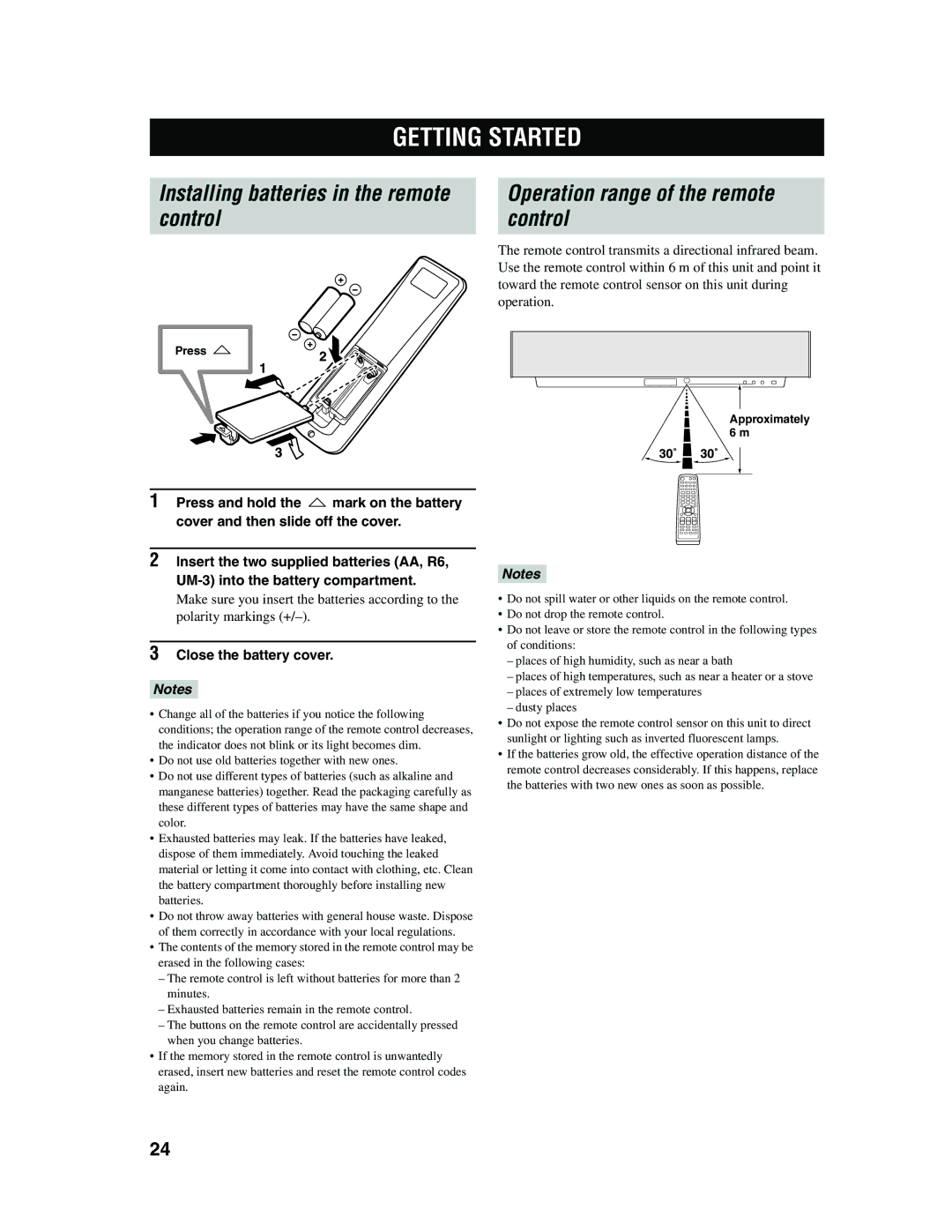 Yamaha YSP-1000 Getting Started, Installing batteries in the remote control, Operation range of the remote control 