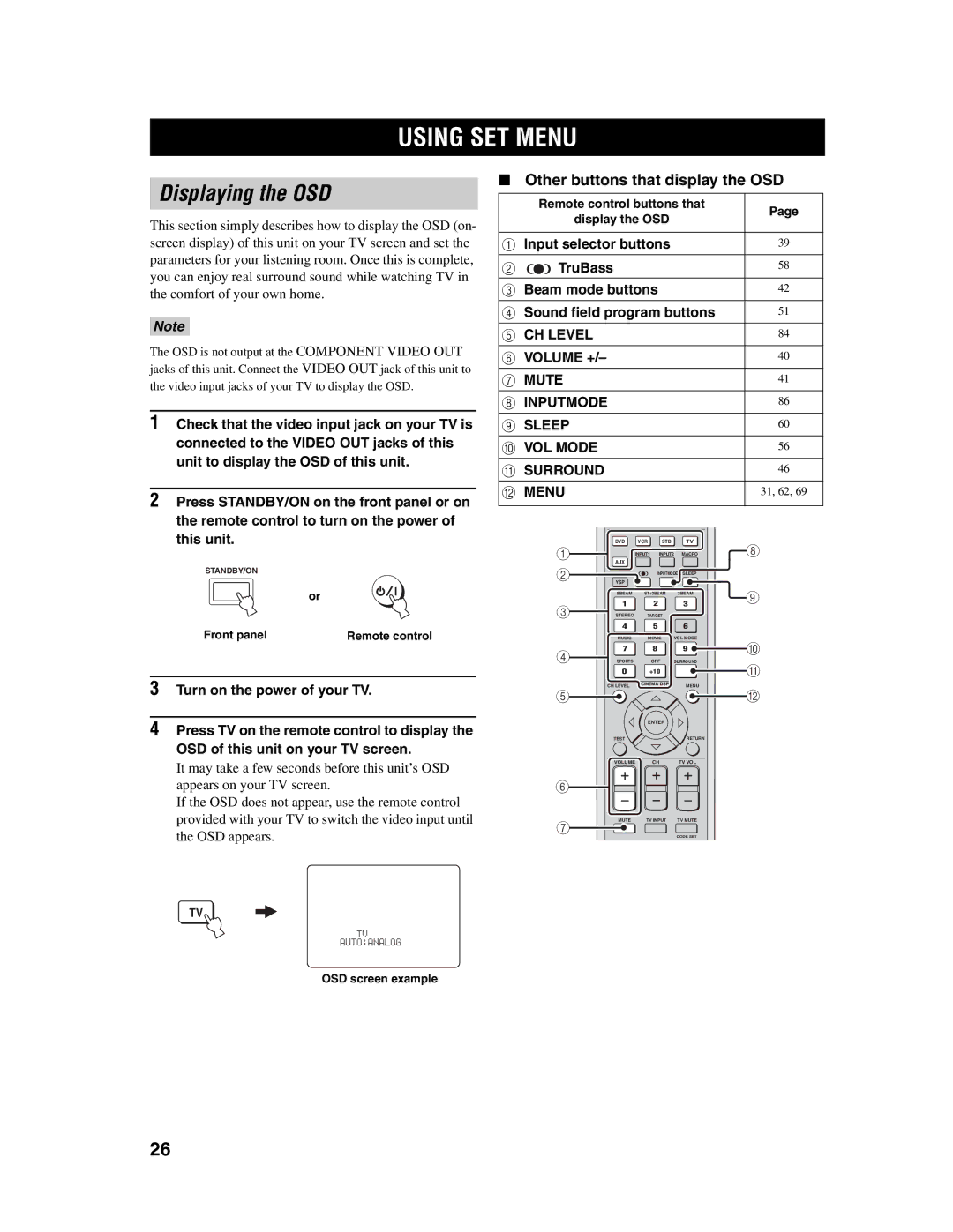 Yamaha YSP-1000 owner manual Using SET Menu, Displaying the OSD, Other buttons that display the OSD, OSD screen example 