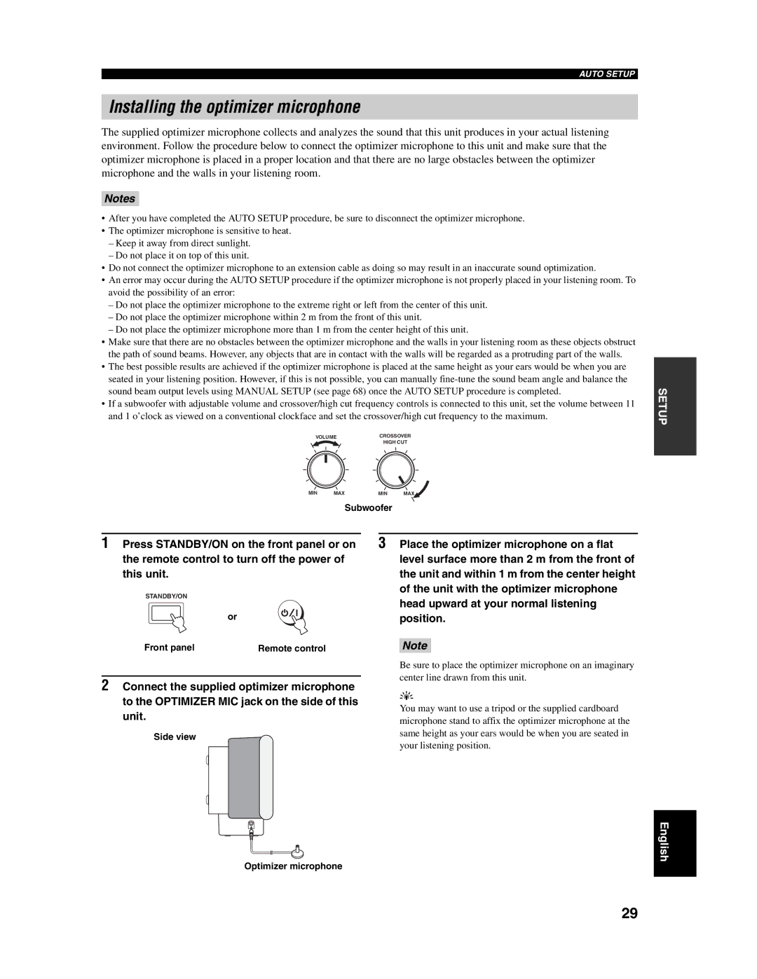 Yamaha YSP-1000 owner manual Installing the optimizer microphone, Side view Optimizer microphone 